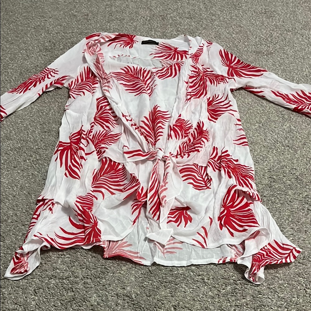 Red and White Leaf Print Bathing Suit cover up